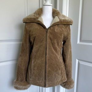 JONES NEW YORK SPORT SUEDE LEATHER JACKET FAUX FUR SIZE SMALL
